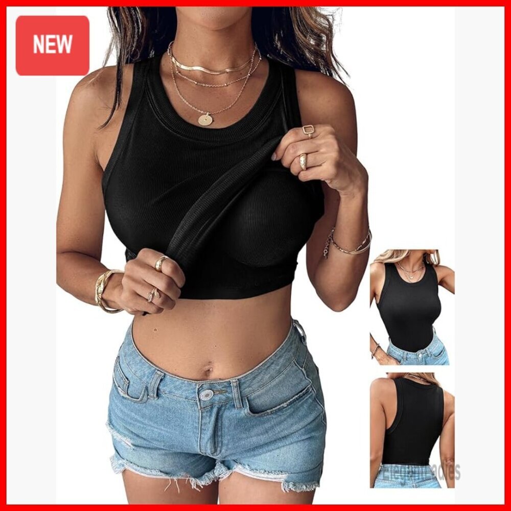 Built-in Bra Ribbed Tank Top Racerback Fitted Casual Shirt Medium Support